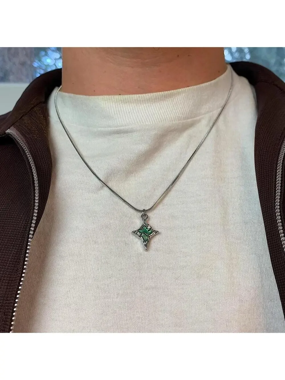Y2k Cyber Melted Green Opal Star Silver Rope Chain Necklace. y2k 2000s style